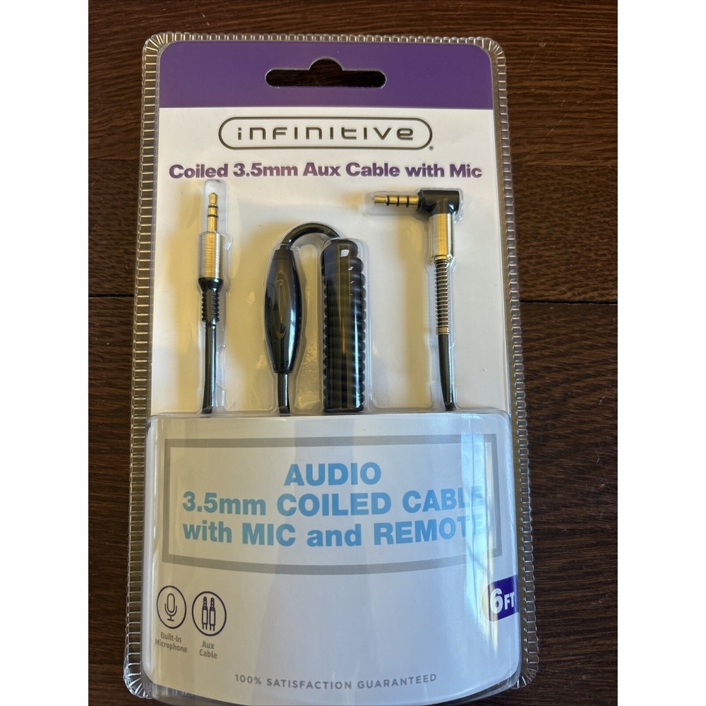 Infinitive Coiled 3.5 mm Aux Cable with Mic‎ and Remote New 6ft.  Sealed